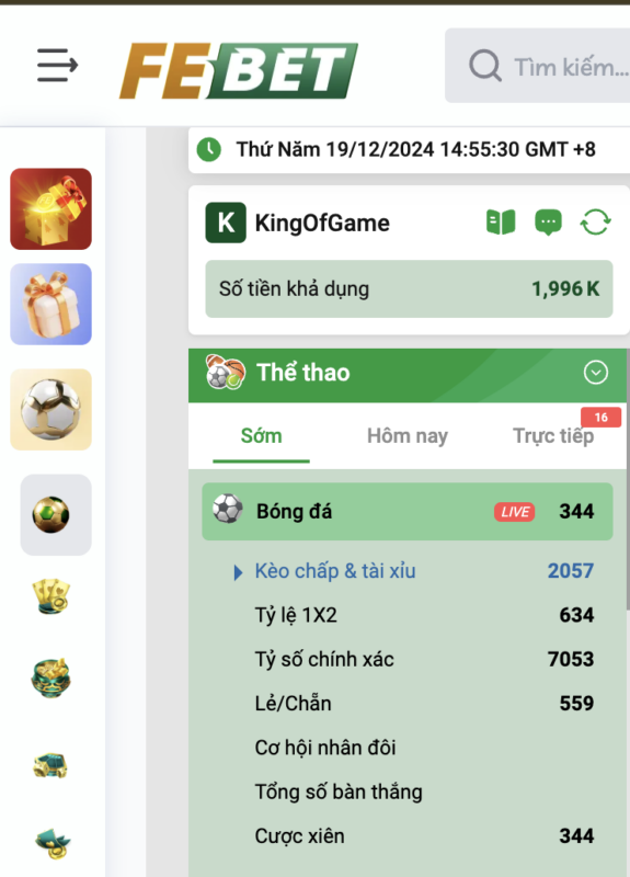 Đa dạng các loại kèo cược tại sảnh K Sports Febet