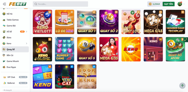 Sảnh Quay Số FEBET Có Đa Dạng Các Game Quay Số