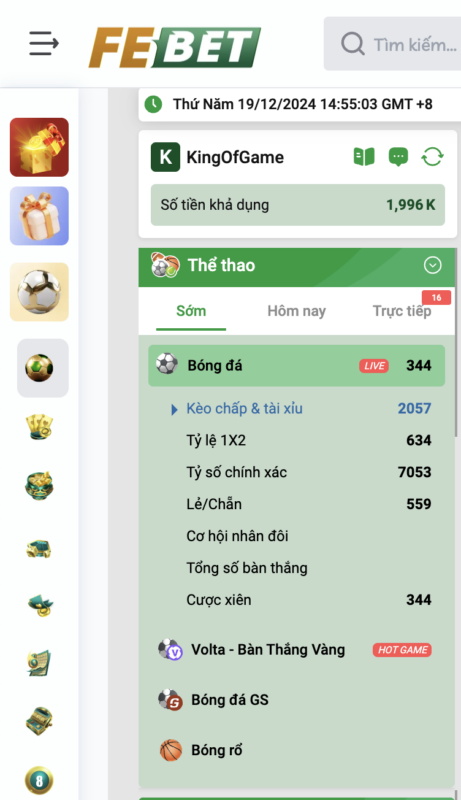 Sảnh K Sports Febet đa dạng các bộ môn thể thao